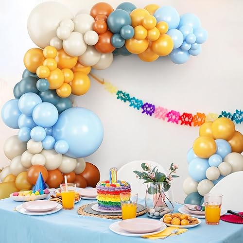 Miniatura 7 de Here Comes the Son - Kit de arco de globos, guirnalda de globos retro azul amarillo bohemio con mostaza, amarillo, pastel, azul, arena, blanco,