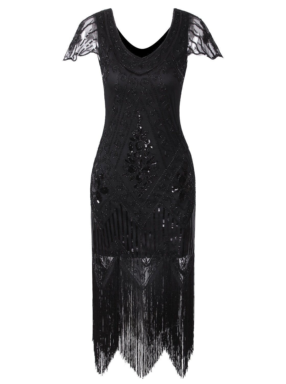 Vijiv Vintage 1920s Flapper Dress - Sequin Beaded Fringe Gatsby Cocktail Party Dress