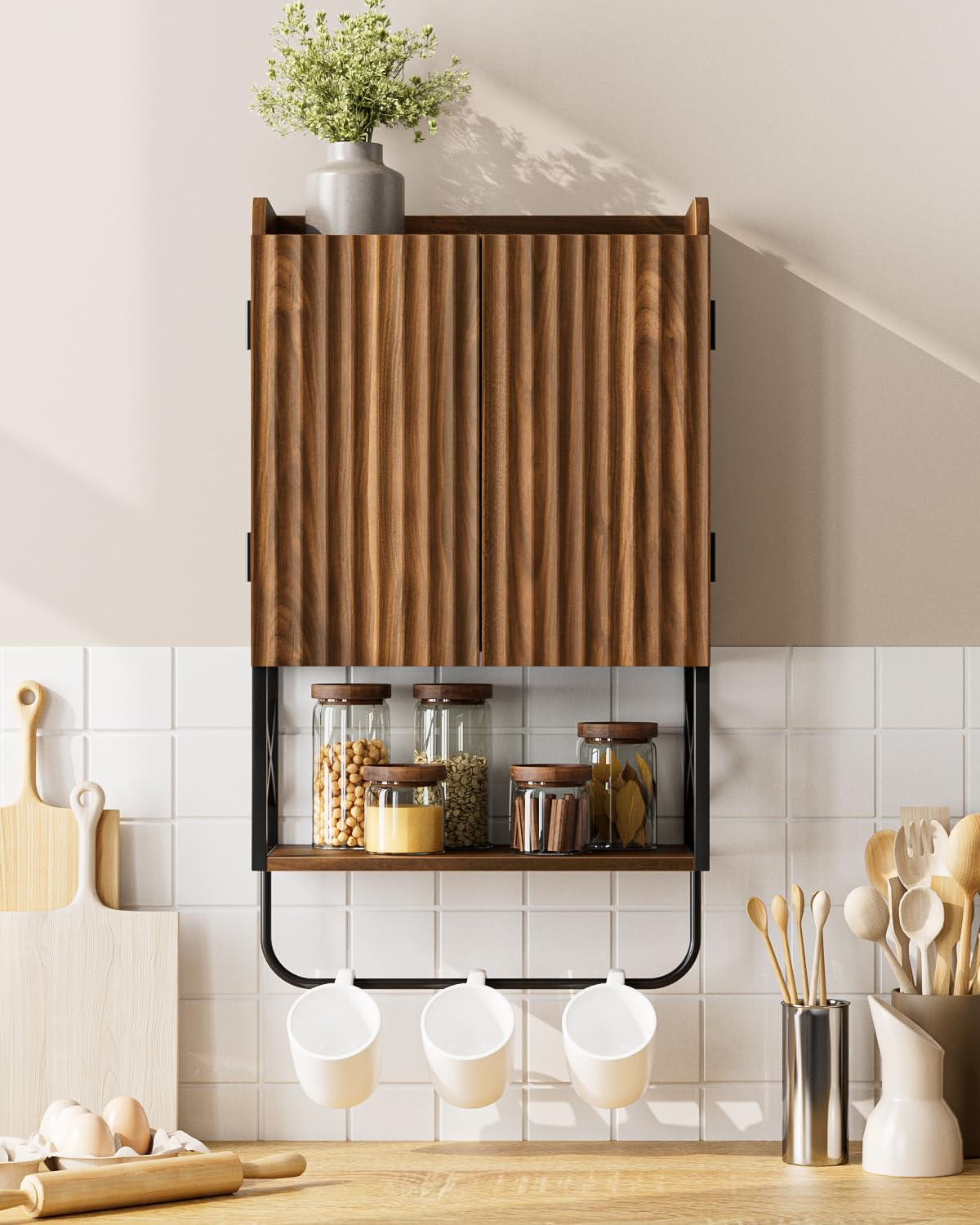 Masupu Bathroom Cabinet Wall Mounted, Wooden Medicine Cupboard with Adjustable Shelves, Space-Saving Wall Storage Unit for Bathroom, Kitchen and Living Room (9" D x 15.35" W x 27.16" H,Modern Walnut)