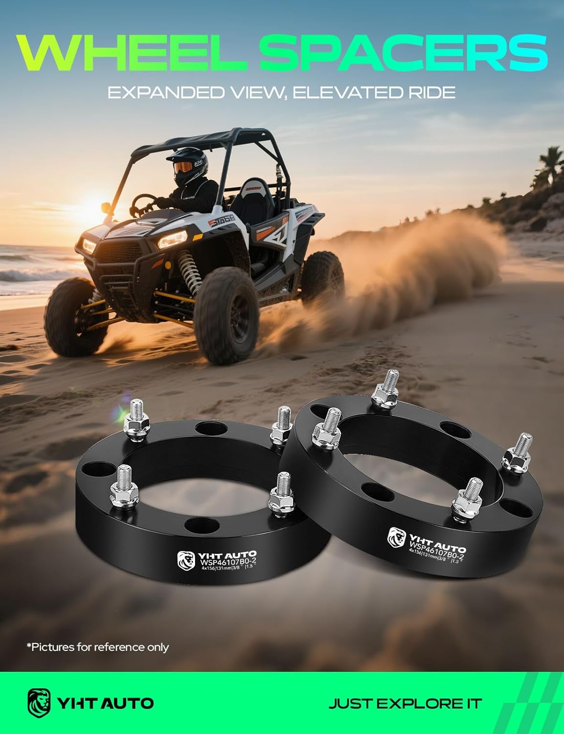 YHTAUTO 4x156mm Wheel Spacers 1.5 Inch Fits Polaris RZR, Magnum, Predator, Ranger, Sportsman, Xplorer, Yamaha Banshee, Blaster, Moto Raptor Tire Spacers 131mm Center Bore 4 Lug 2PCS Black 3/8" x24