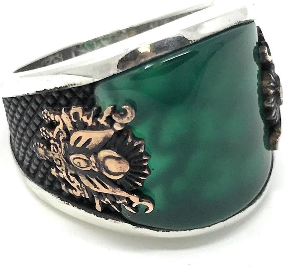 KAR 925K Stamped Sterling Silver Emerald Agate Coat of Arms Ottoman Men s Ring K6B (9.5)