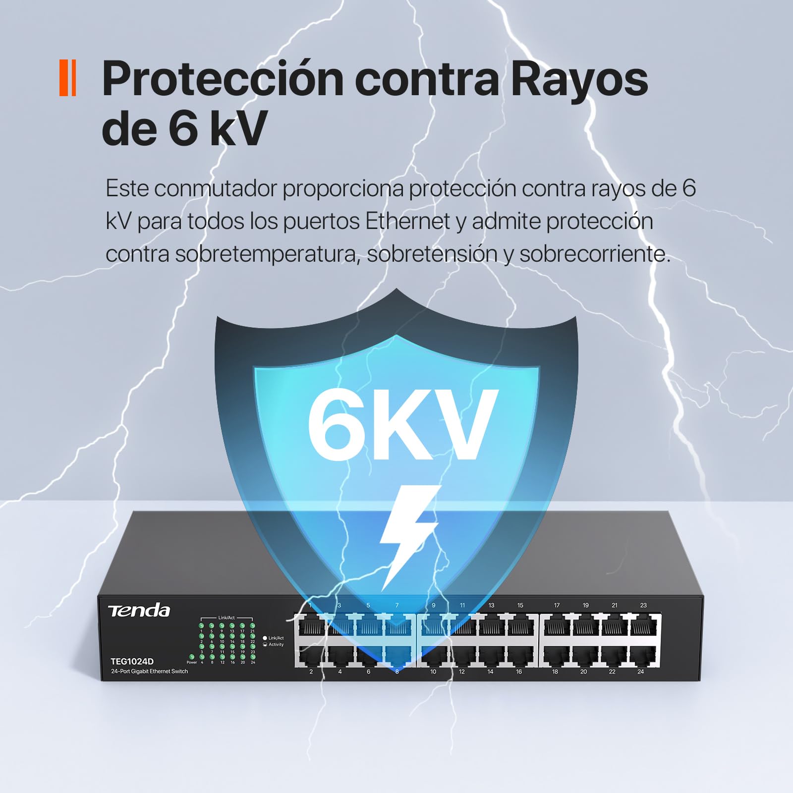 Tenda TEG1024D Gigabit Ethernet Switch, 24 Puerto RJ45, 48 Gbit/s,10/100/1000 Mbps, Auto MDI/MDIX, Montaje en Escritorio/Rack, Protección Profesional contra Rayos, No Administrado, Plug & Play, Metal