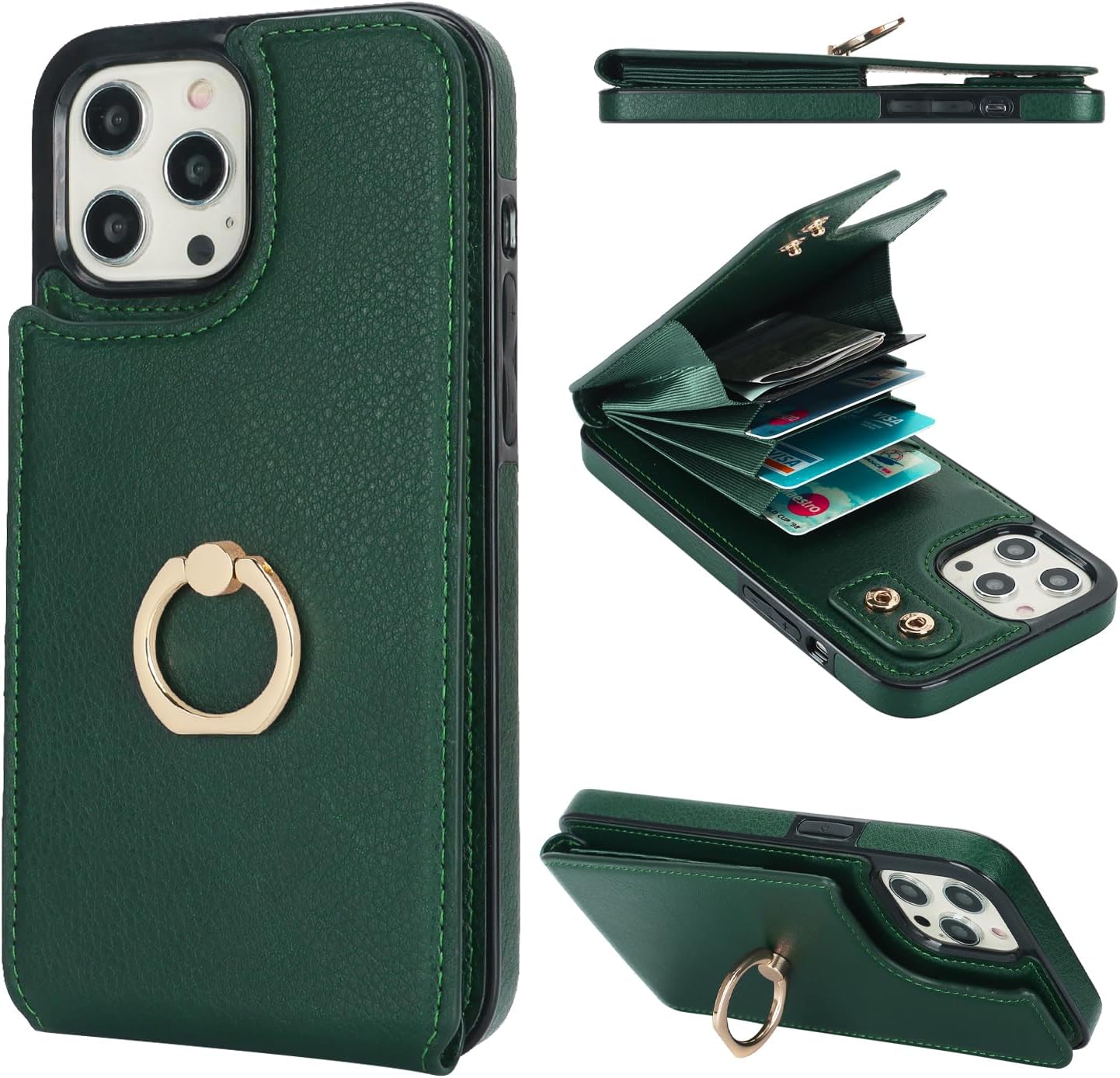 Folosu Compatible with iPhone 12 Pro Max Case Wallet with Card Holder, 360°Rotation Finger Ring Holder Kickstand Protective RFID Blocking PU Leather Double Buttons Flip Cover 6.7 Inch Dark Green