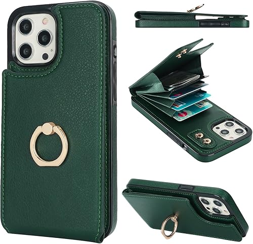 Folosu Funda compatible con iPhone 12 Pro Max con soporte para tarjetas, rotación de 360, soporte de anillo de dedo con función atril, bloqueo RFID,