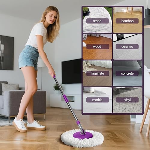 Miniatura 6 de Mopa giratoria y cubo con juego de escurridor, sistema de cubo giratorio de 360 Masthome con 3 almohadillas reutilizables, mopa de microfibra