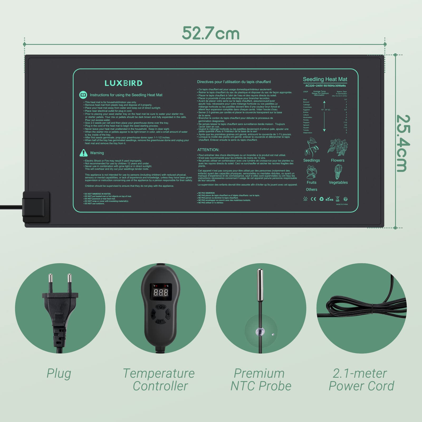 Luxbird Tappetino Riscaldante per Piante con Termostato Digitale e Timer, Impermeabile IP67, 52x25 cm 30W, per Germinazione Semini, Talee, Serre e Terrari