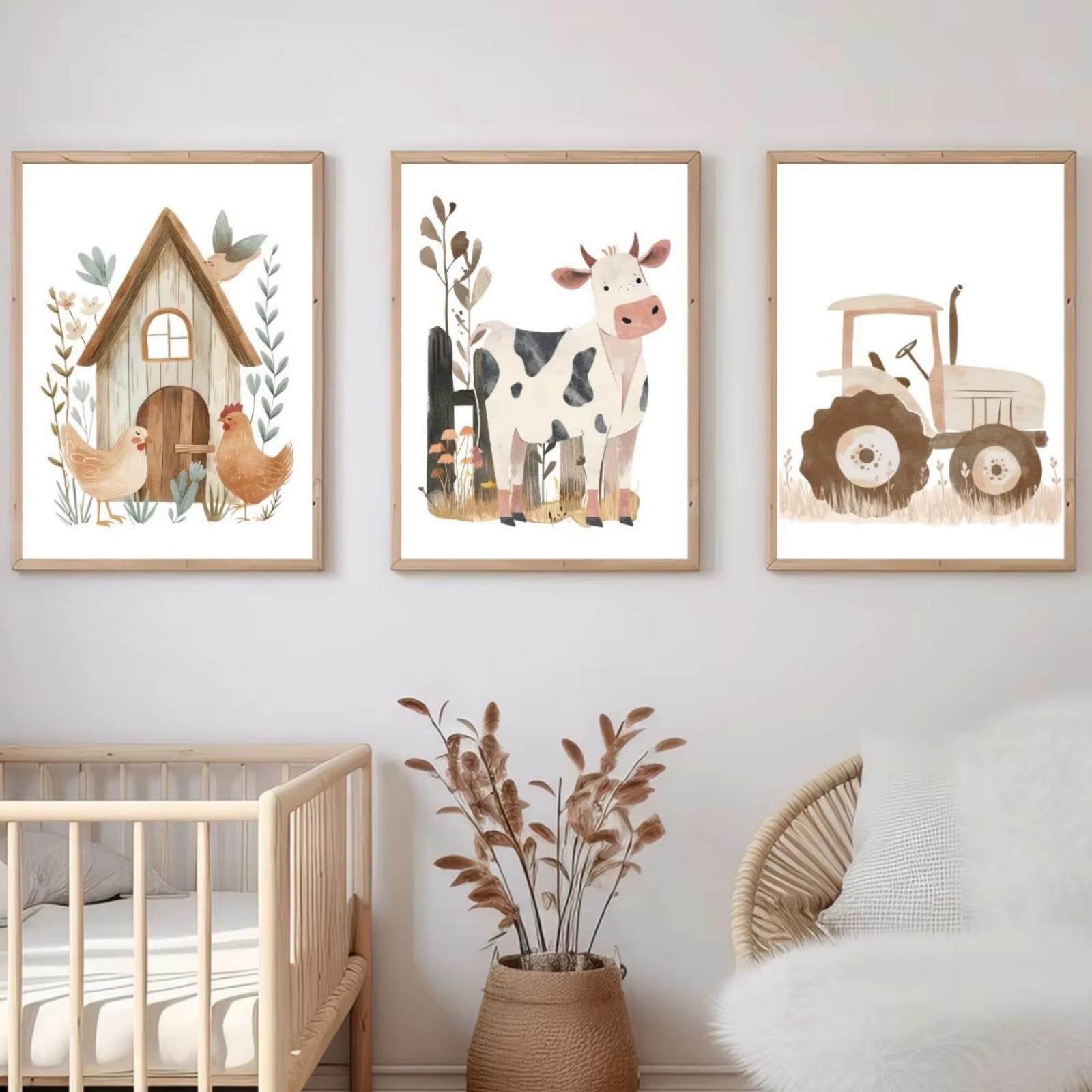 JORCEDI Farm Animal Canvas Wall Art Set of 3, Watercolour Cow Tractor Chickens Posters Prints, Neutral Nursery Baby Room Decor, 21x30-50x70cm, Unframed (50x70 cm,A)