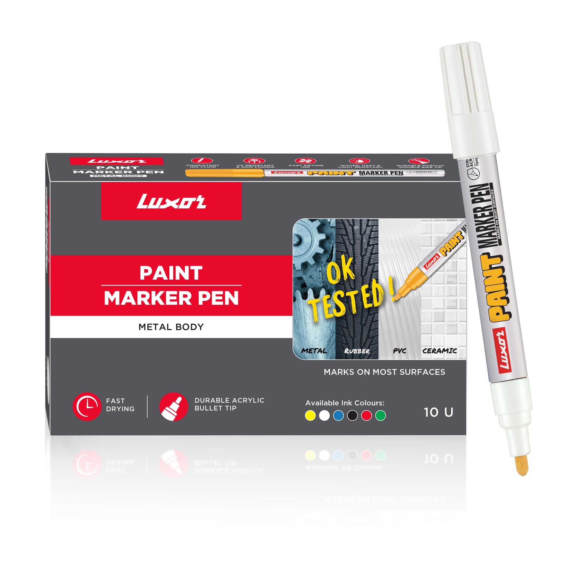 Luxor 902 Paint - Pennarello a punta fine, confezione da 10, colore: Bianco