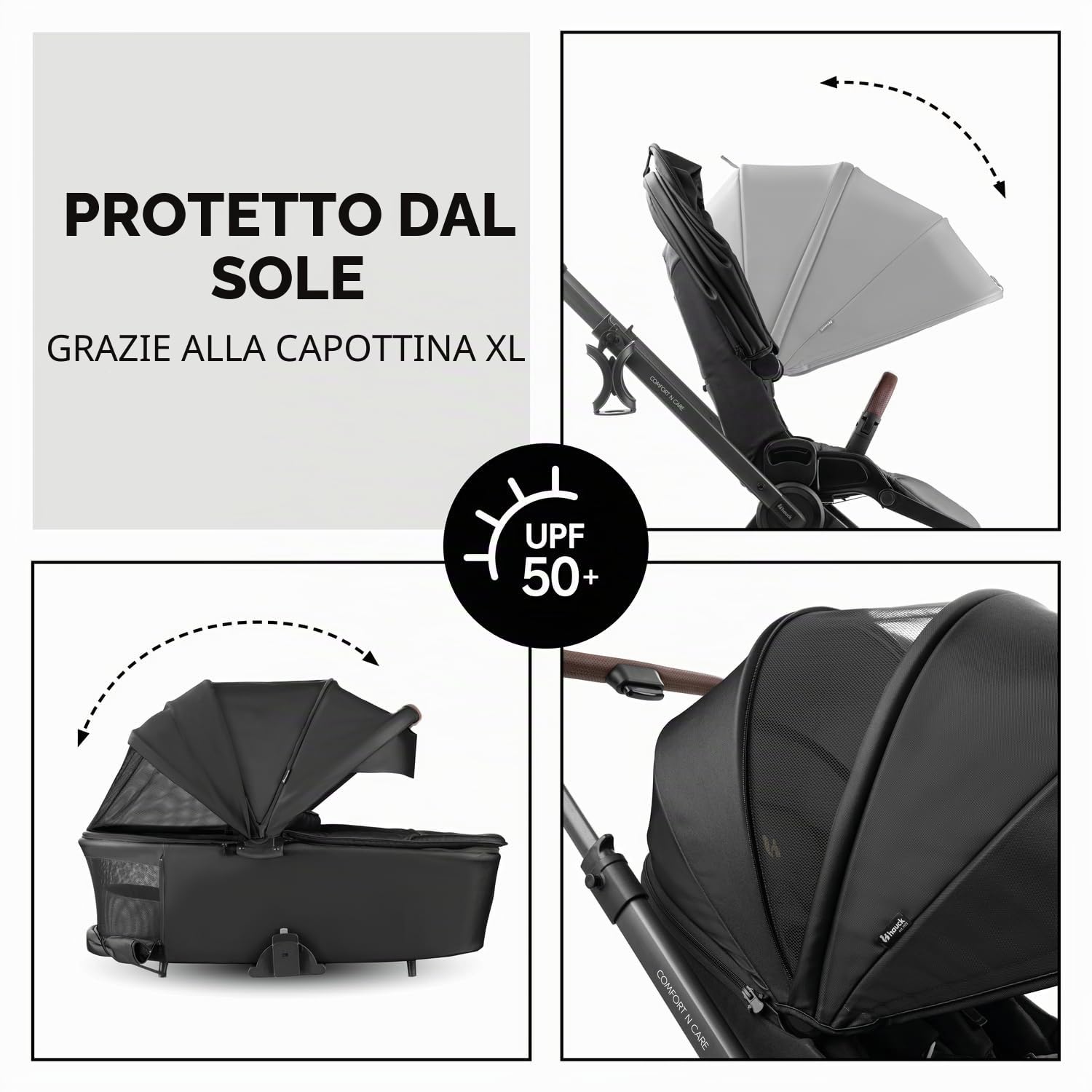 hauck Comfort N Care Set, Black - Passeggino 2in1 con Ruote di Gomma, Navicella Neonato con Pulsanti Memoria, Seduta Reversibile Reclinabile fino a 22 kg, Coprigambe, Portabibite, Sospensione