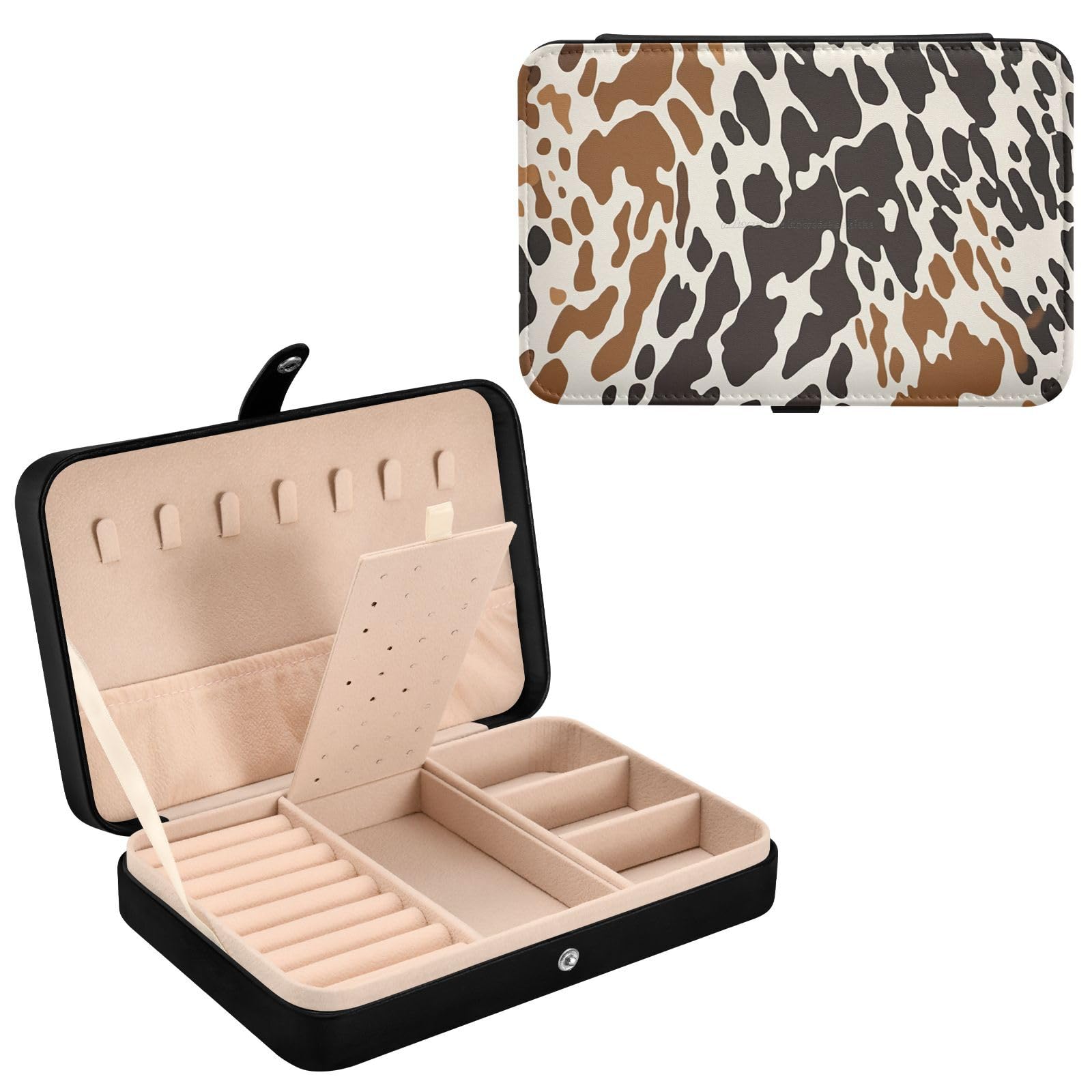 Haskirky Cow Print Jewelry Box Portable PU Leather Travel Jewelry Organize for Women Jewelry Storage Display Holder for Ring, Necklace, Earring
