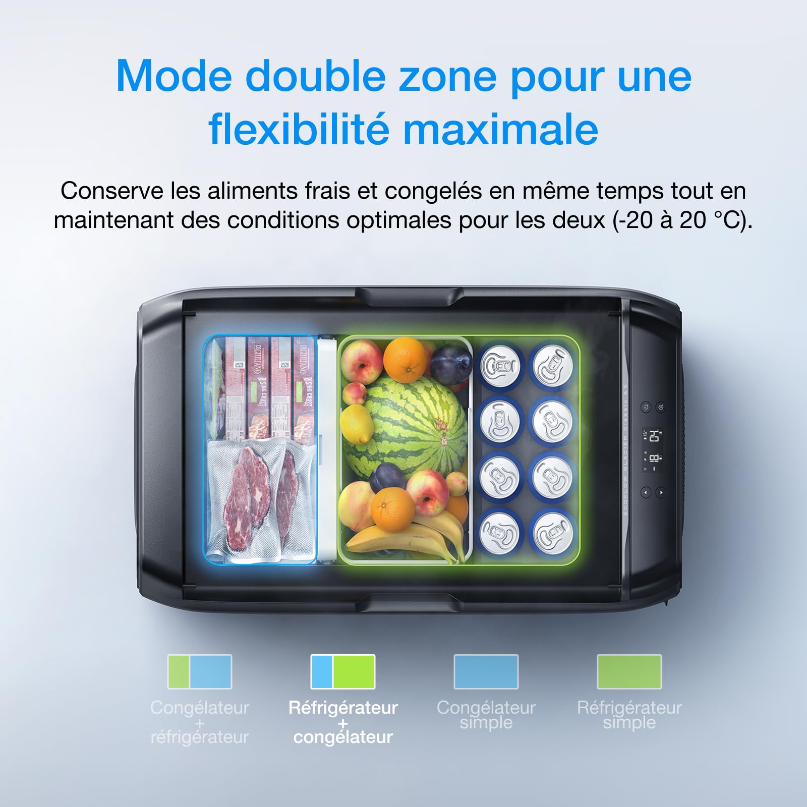 EF ECOFLOW GLACIER Classic 45L réfrigérateur congélateur portable avec batterie de 298 Wh, glacière 2 zone pour voiture, refroidissement autonome 39 h, pour camping, voyages, pêche et hors réseau