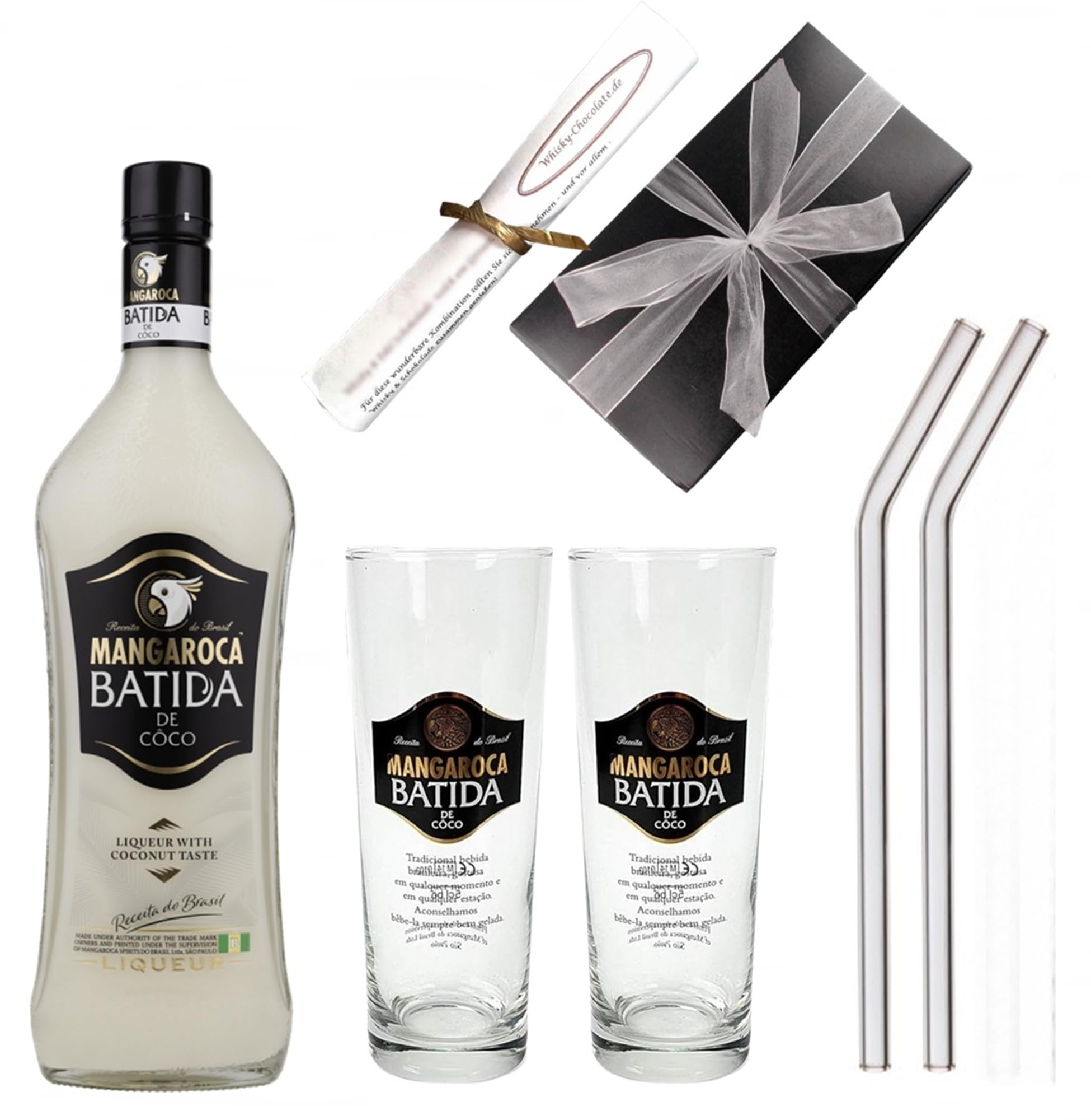 Batida De Coco brasilianischer Kokosnusslikör mit 2 Original Gläser und 2 Glastrinkhalme im Geschenkkarton Frauengeschenke Geschenkset Likör