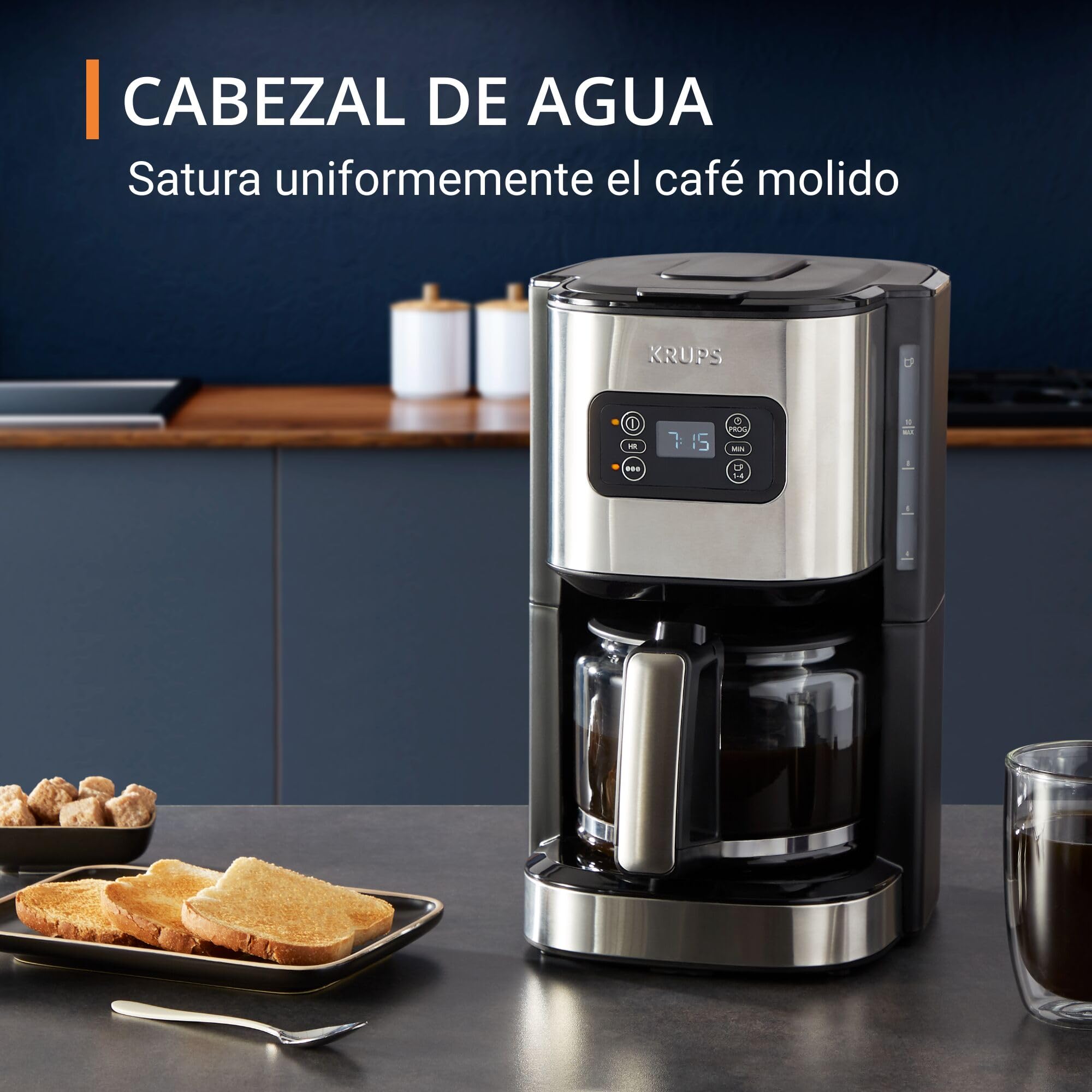 Krups First – Cafetera de filtro 1,25 L, acero inoxidable, temporizador 24 horas, selector de intensidad de la infusión, cabezal de agua, modo preinfusión, antigoteo, hasta 15 tazas, KM480D