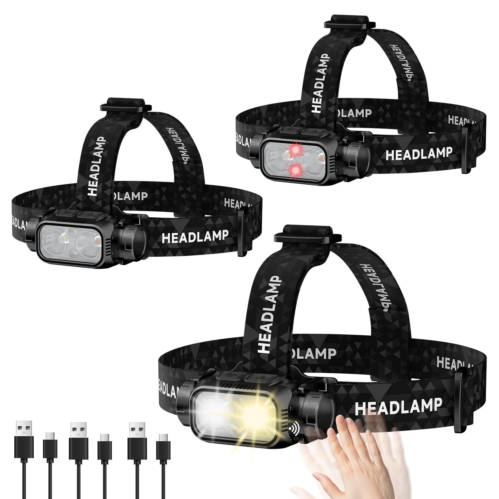 ATDOALL Lot de 3 lampes frontales LED rechargeables, haute luminosité, super lumineuses avec lumière rouge, détecteur de mouvement, 5 modes, réglable à 90°, lampes frontales imperméables et légères