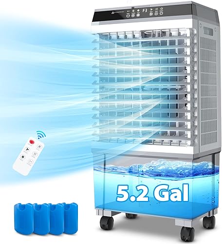 LifePlus Enfriador de aire evaporativo, enfriador de pantano de 1800 CFM con control remoto, tanque de agua grande de 5.2 galones, ventilador de