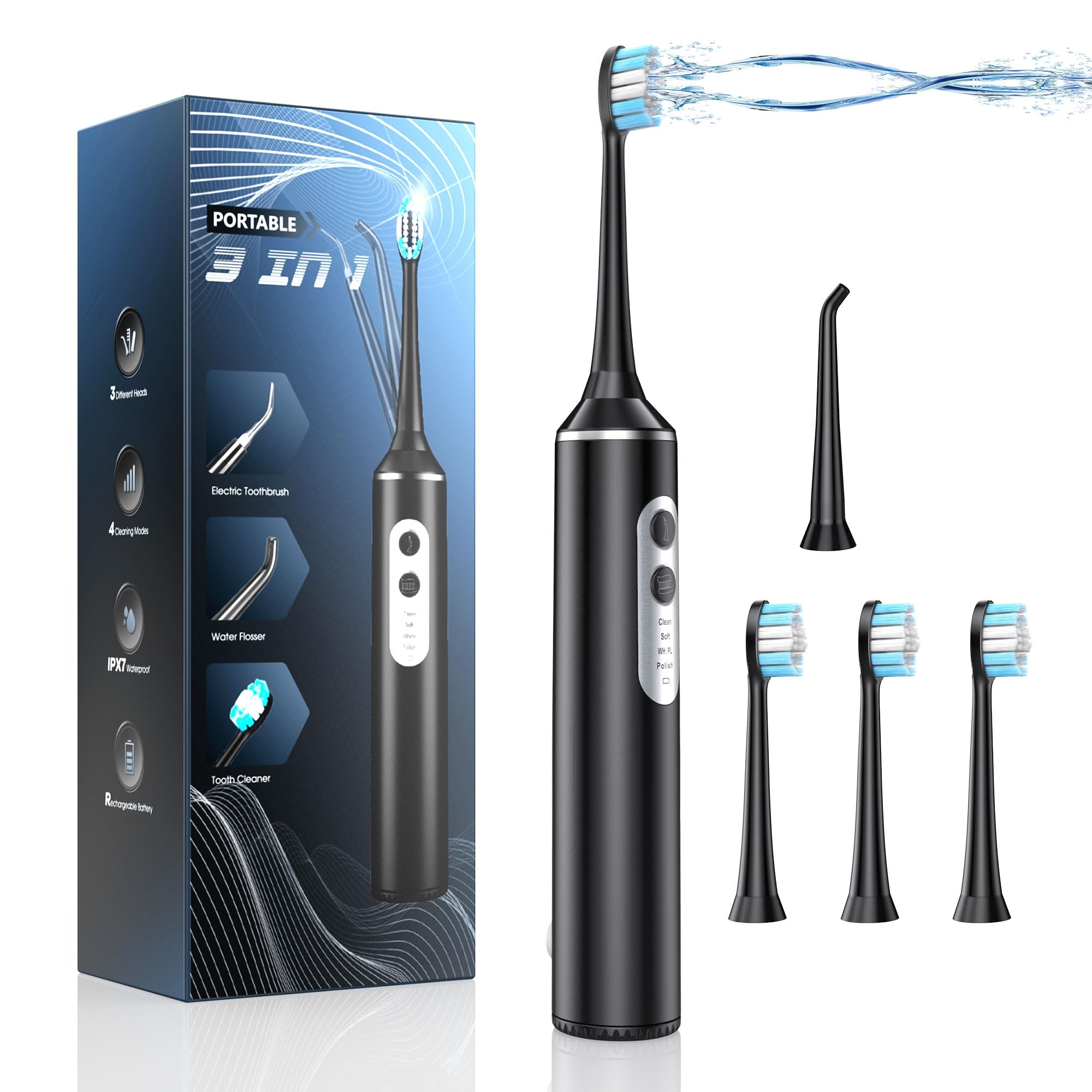 UNINGOPI Cepillo de dientes eléctrico 2 en 1 con hilo dental de agua, cepillo y hilo dental | 3 modos, 3 cabezales de cepillo, punta de chorro, IPX7 impermeable, irrigador oral portátil para viajes, negro