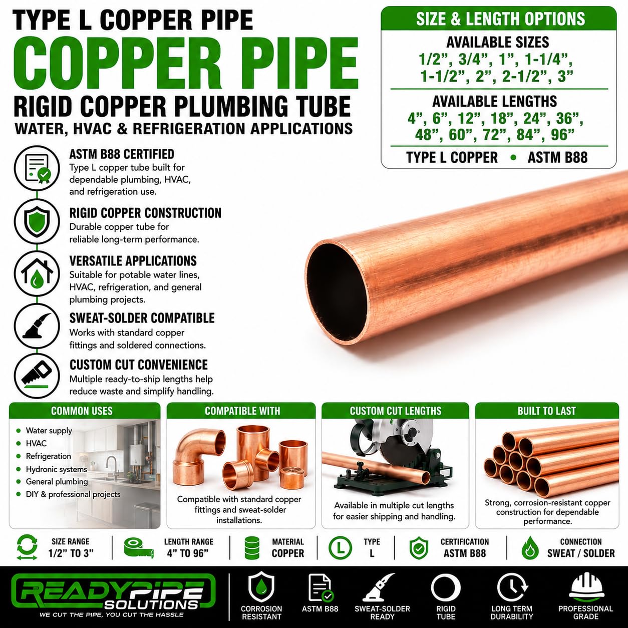 Photo 1 of 1/2 Inch Type L Copper Pipe, Rigid Plumbing Tube for Water, HVAC and Refrigeration, ASTM B88 Certified, Sweat-Solder Compatible (0.5, 1/2" (0.625" OD / 0.545" ID), Inches, 12.0, Inches)