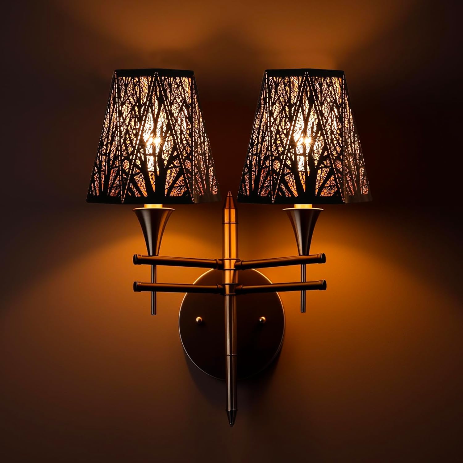 Double Etched Forest Metal Lamp Shades Clip On Bulb Set of 2 for Candelabra Bulbs, Barrel Metal Lampshade for Table Chandelier Wall Lamp 3.35 x 5 x 5.6 Inch, 2Pcs (Outer Black Inner Gold)