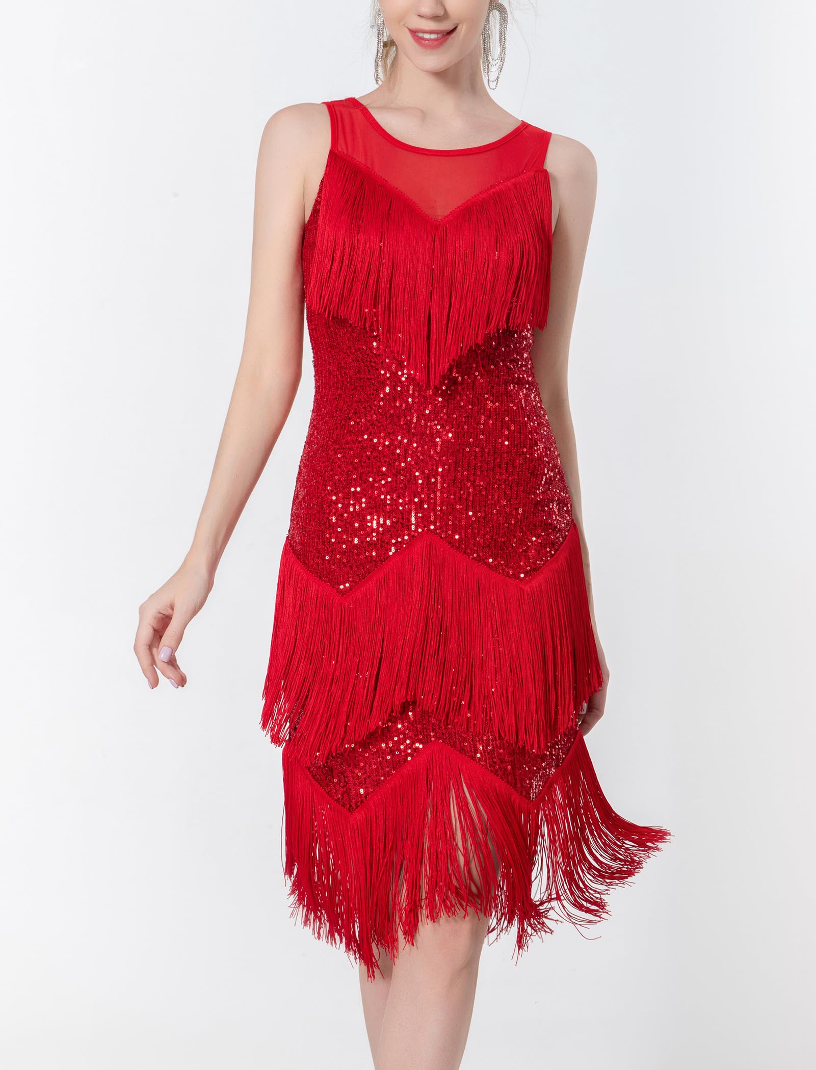 Latin Dance Dress for Women Sparkly Sequin Tassels Fringe Dress Ballroom Dance Dresses for Women Salsa Dress for Women Dancing Flapper Party Dresses 1920s Rumba Cha Cha Tango Dresses Red L
