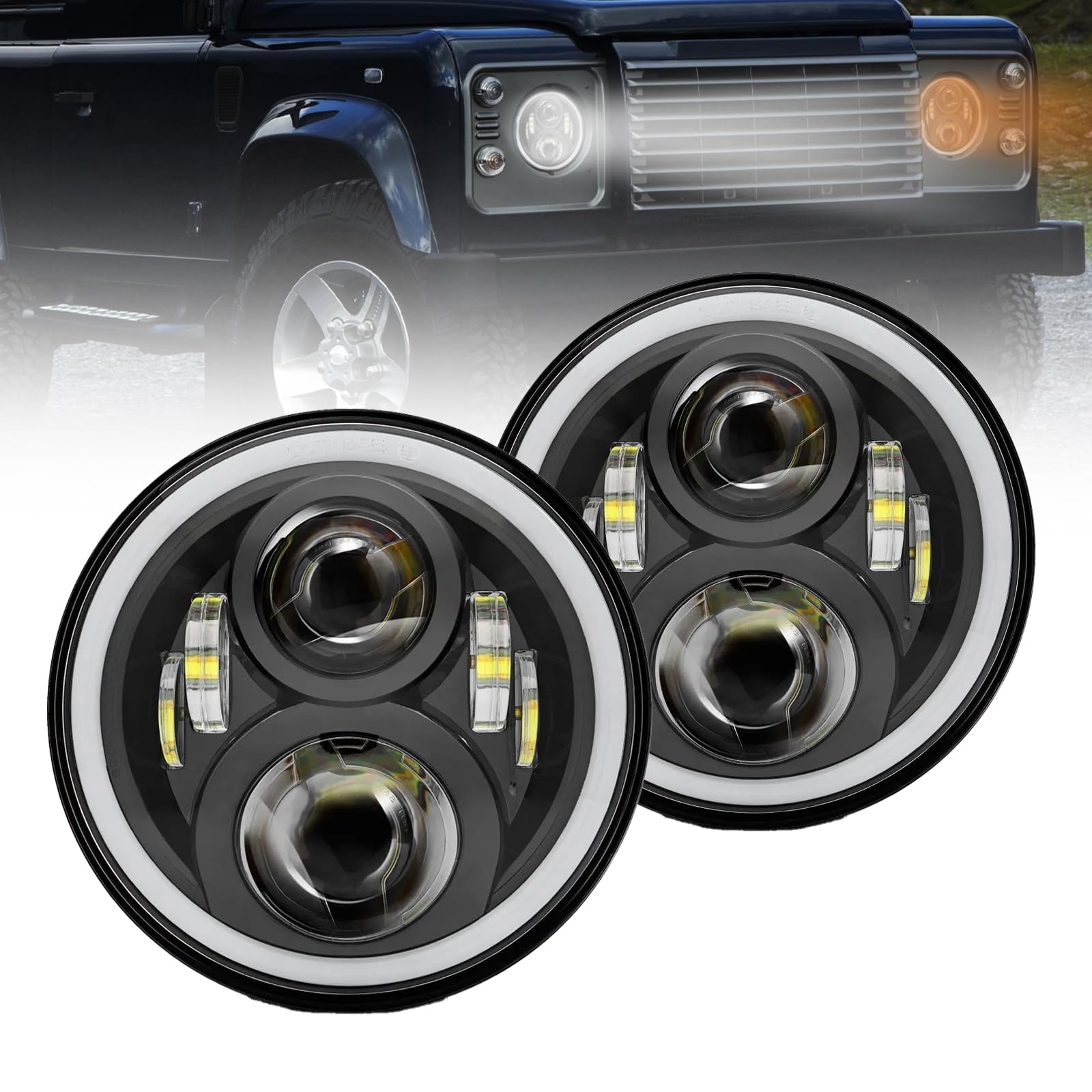 Faro LED 7 pollici con luce di marcia diurna Halo e indicatori di direzione per abbaglianti e anabbaglianti per Defender 90 110