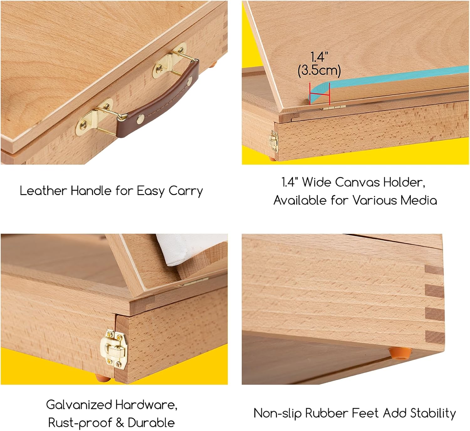Close-up of the easel's leather handle, galvanized hardware, and non-slip rubber feet