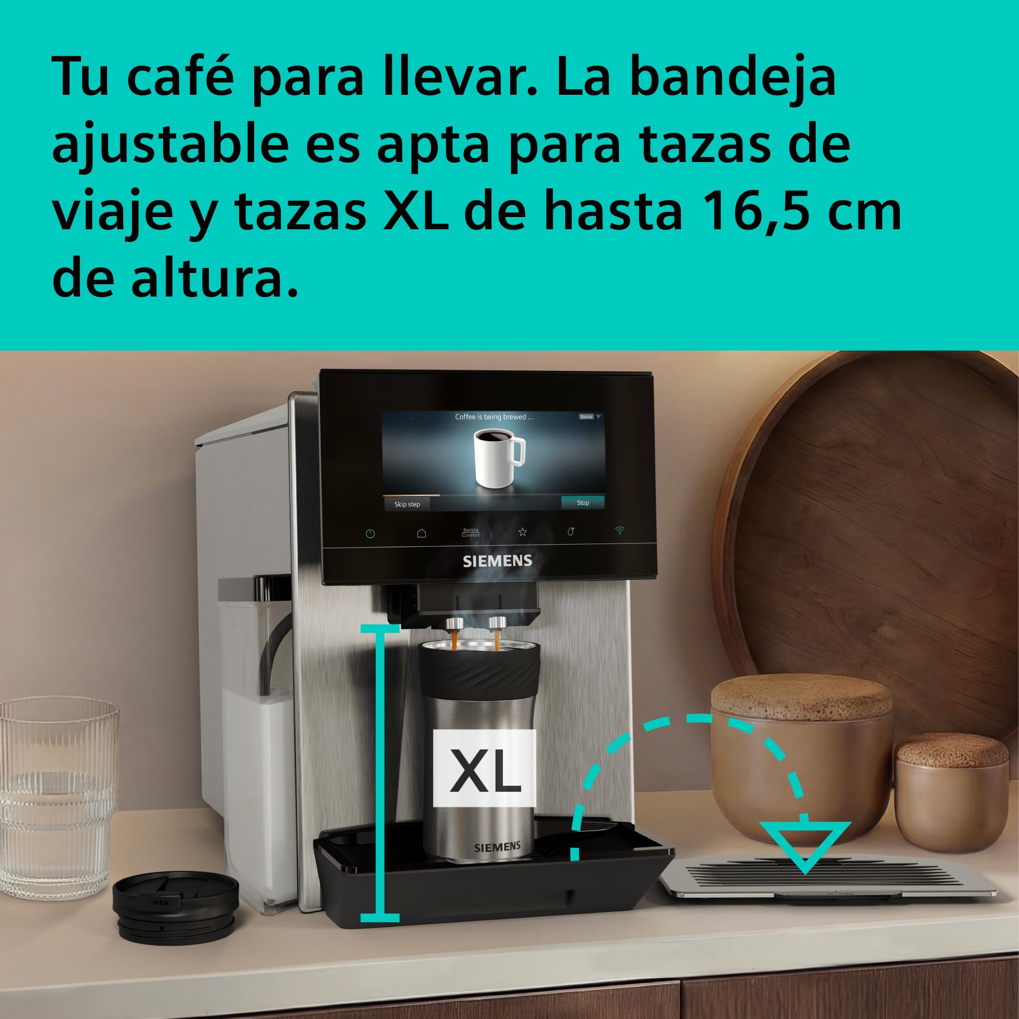 SIEMENS, cafetera superautomática, EQ900 iAroma, sabores personalizados, molienda precisa, pantalla grande para uso intuitivo, cafés personalizados, acero inoxidable, TQ923E03