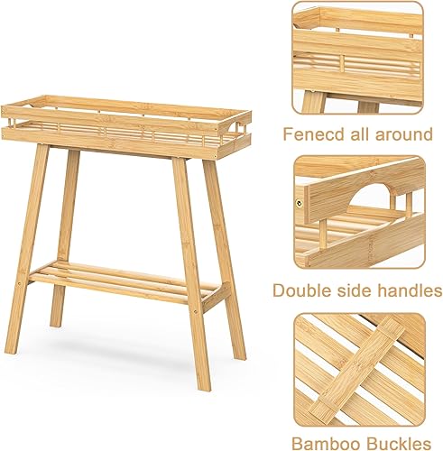 Miniatura 4 de BAMBANG Soporte de bambú para plantas de interior, mesa pequeña de 2 niveles, soporte alto para plantas de interior, estante para plantas de