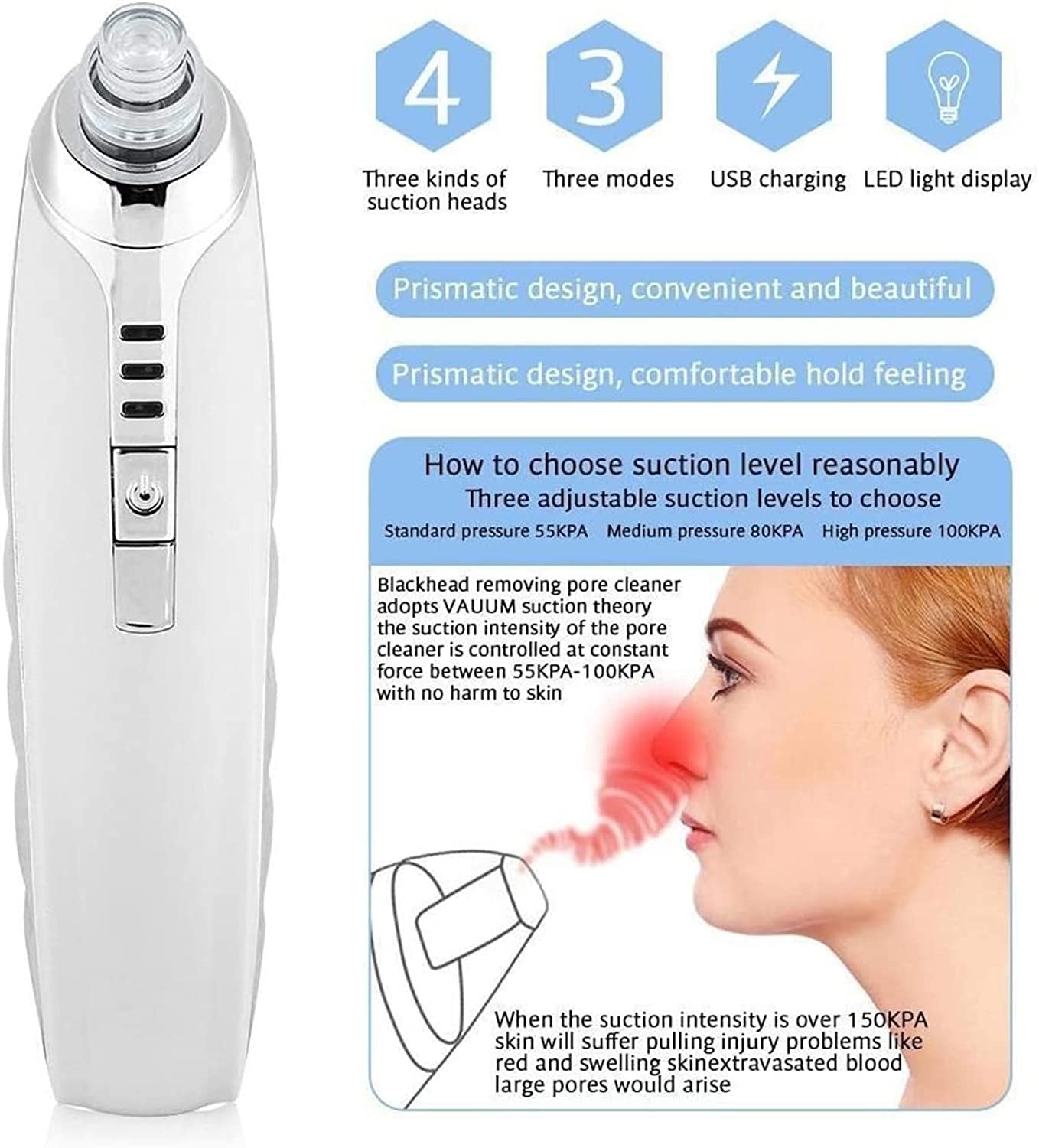 Detergente for la rimozione di Punti Neri, 3 Ventose Regolabili con Potenza di aspirazione for Punti Neri con 6 sonde di aspirazione, Strumento Ricaricabile for la rimozione dei Punti Neri