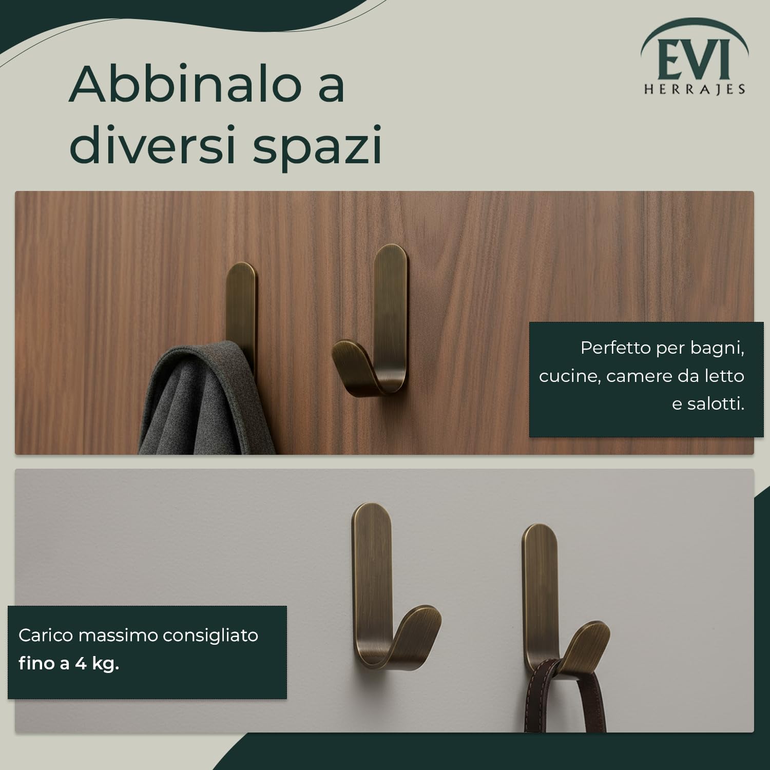 EVI Herrajes | Appendiabiti a forma di gancio da parete in ottone, finitura in pelle invecchiata | Installazione adesiva | Per appendere vestiti, asciugamani o accessoris | Mod. 173ADLCU