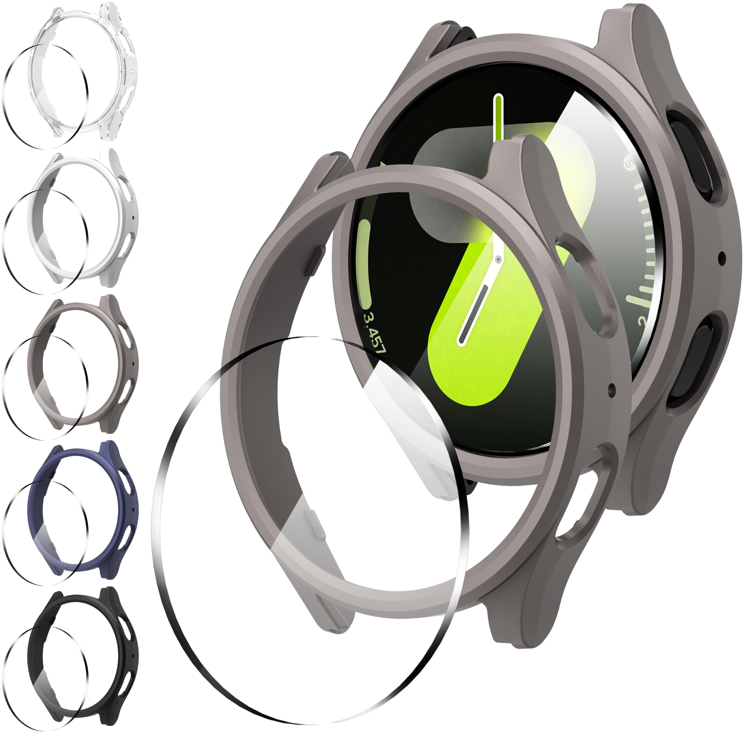 Diruite 5+5 Pack for Samsung Galaxy Watch 7 44mm Case+Screen Protector,Scratch Resistant PC Hollow Shell Cover*5&HD Clear Tempered Glass*5,Black&Blue&Silver&Grey&Transparent(HD),44mm