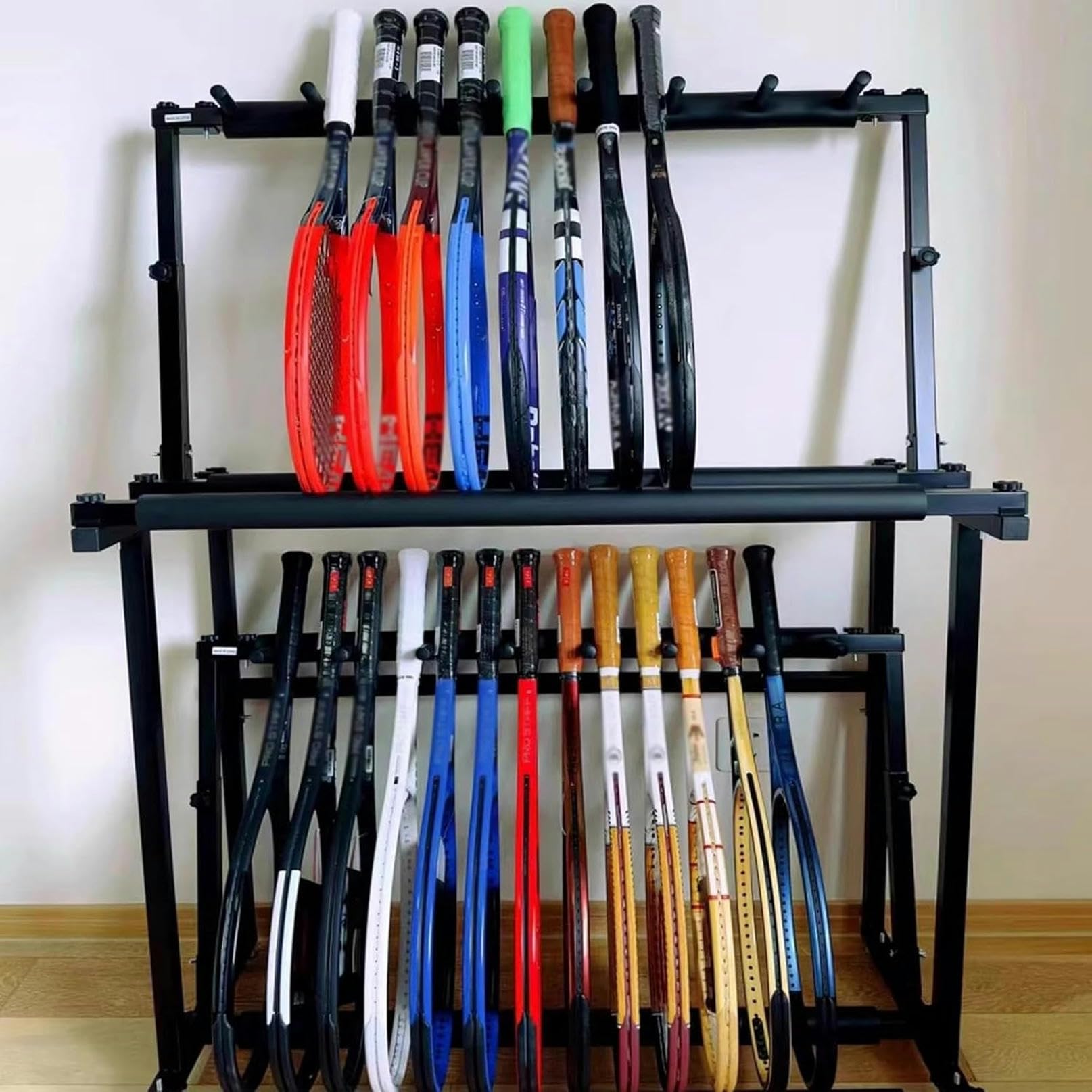 Support raquettes tennis intérieur à 2 niveaux et badminton pour garage