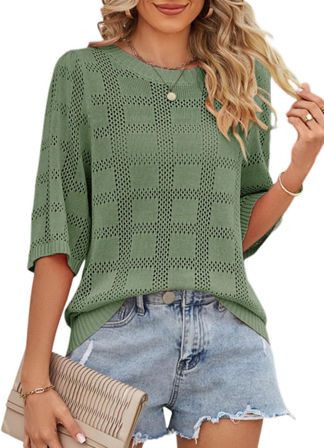 Dokotoo Women's Casual Short Sleeve Loose Tunic Tops Lightweight Crochet Knit Summer Sweaters Blouses - Image 2