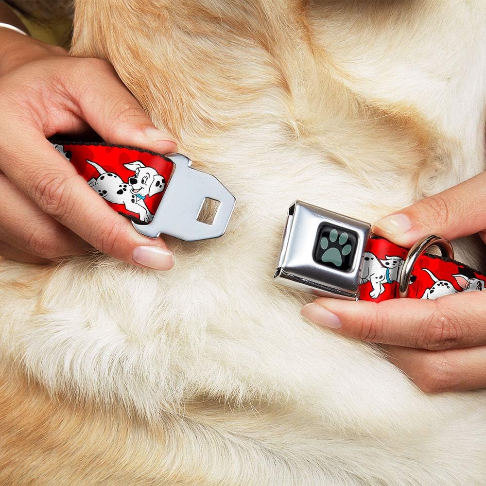 Disney Pet Collar, Dog Collar Metal Seatbelt Buckle, Dalmatians Running Paws Reds White Black, 11 to 16.5 Inches 1.0 Inch Wide