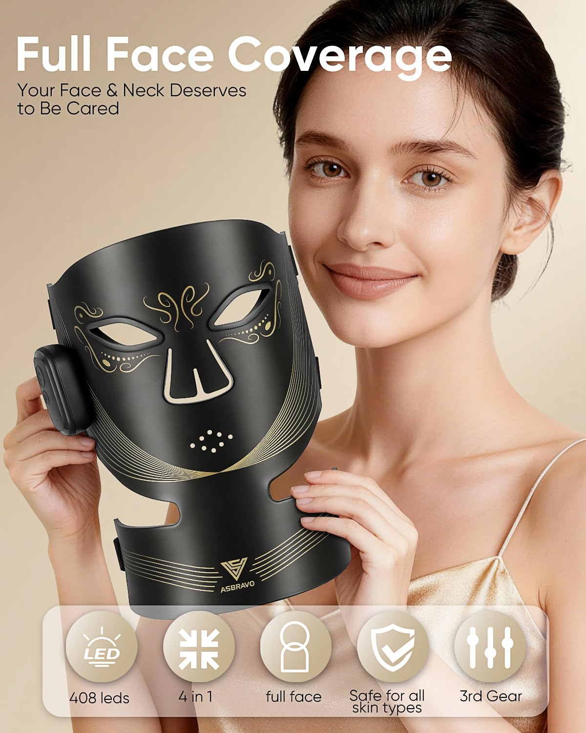 Gesichtsmaske 408LEDs Rotlichttherapie 850nm, für Hautpflege & Anti | FDA Registrierte, 850nm Rotlicht & Infrarot, Drei Lichttherapie-Modi, 2000mAh Akku, für Zuhause, Reisen, Yoga