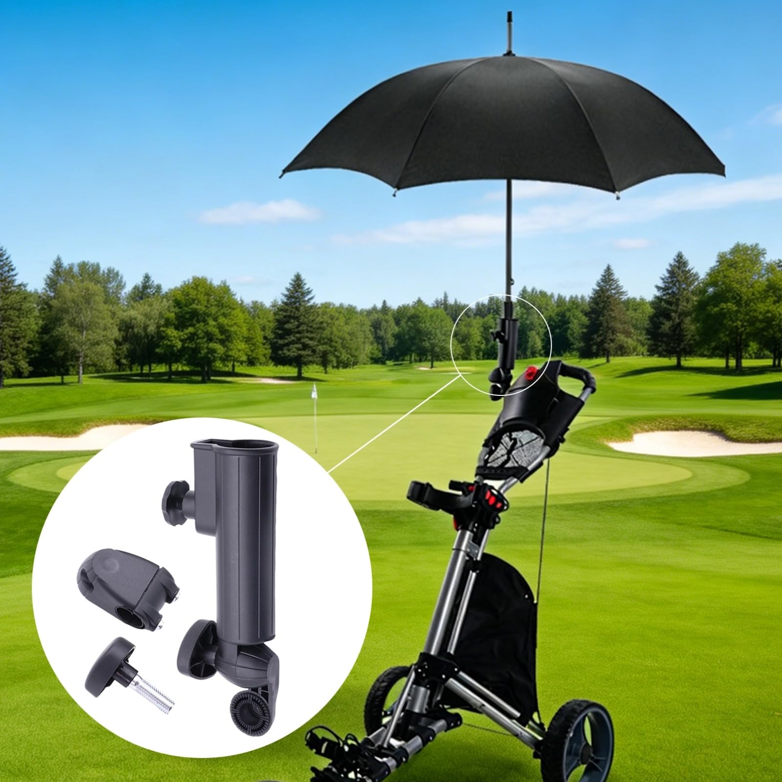 Generisch Golfwagen Regenschirmhalter, Verstellbarer 23 cm Kunststoff Schirmständer, Universalhalterung für 3 und 4 Rad Wagen, Winkelverstellknopf, schwarz