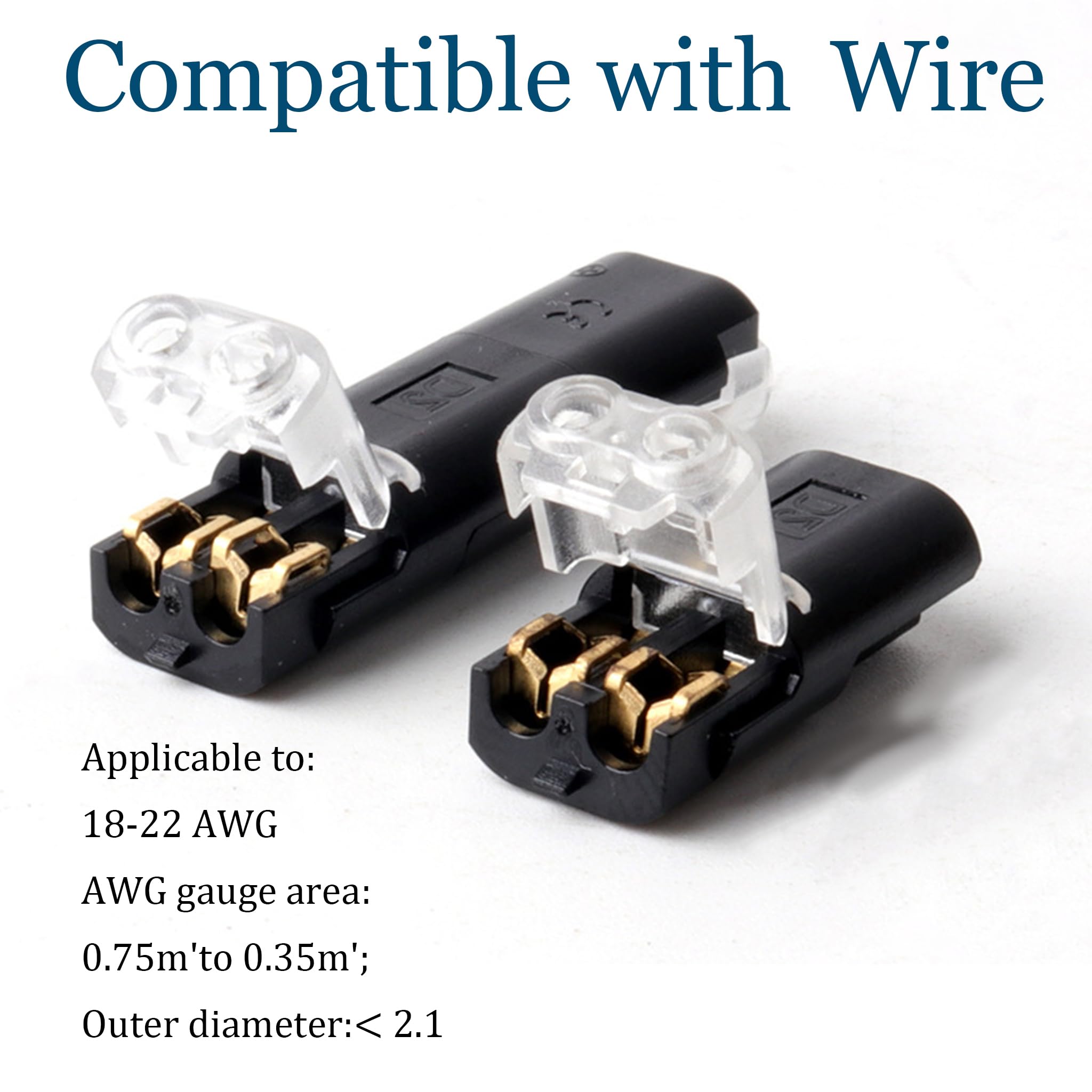 Paquete de 50 conectores de cable no requiere pelado, terminales de cable de bajo voltaje de 2 pines sin soldadura para 18-22 AWG, empalme rápido para altavoz automotriz de tira LED (máximo 10 A)