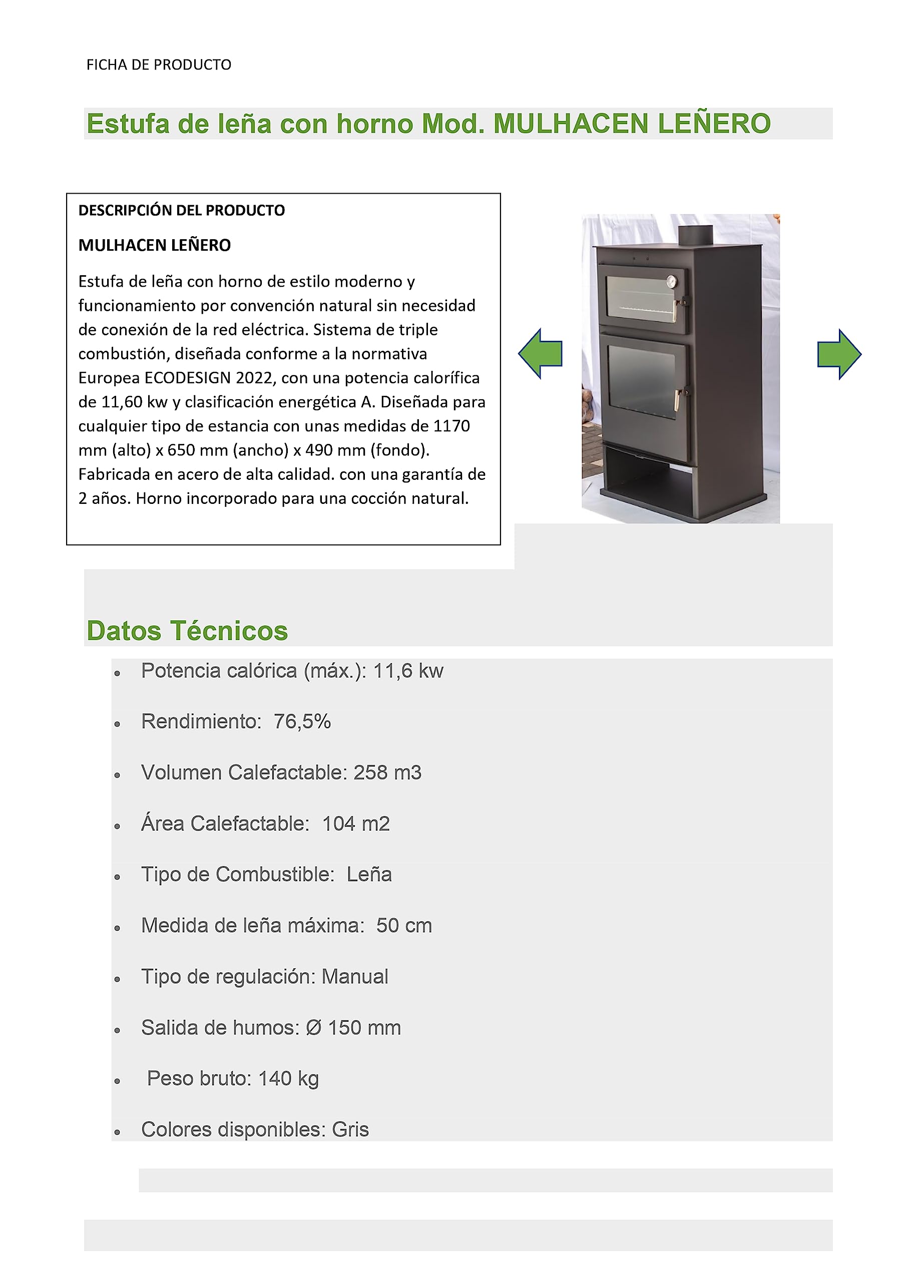 Poêle à Bois MULHACEN Bûcher 11,60 kW avec Four, Plateau Acier Inoxydable et Grille