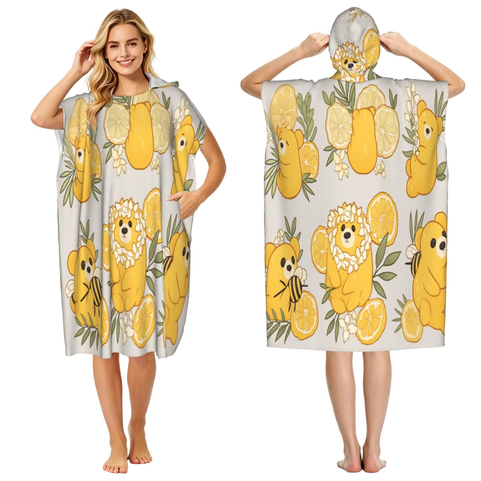DTHKJNLSF Bear And Lemon Adult Hooded Beach Poncho Towel