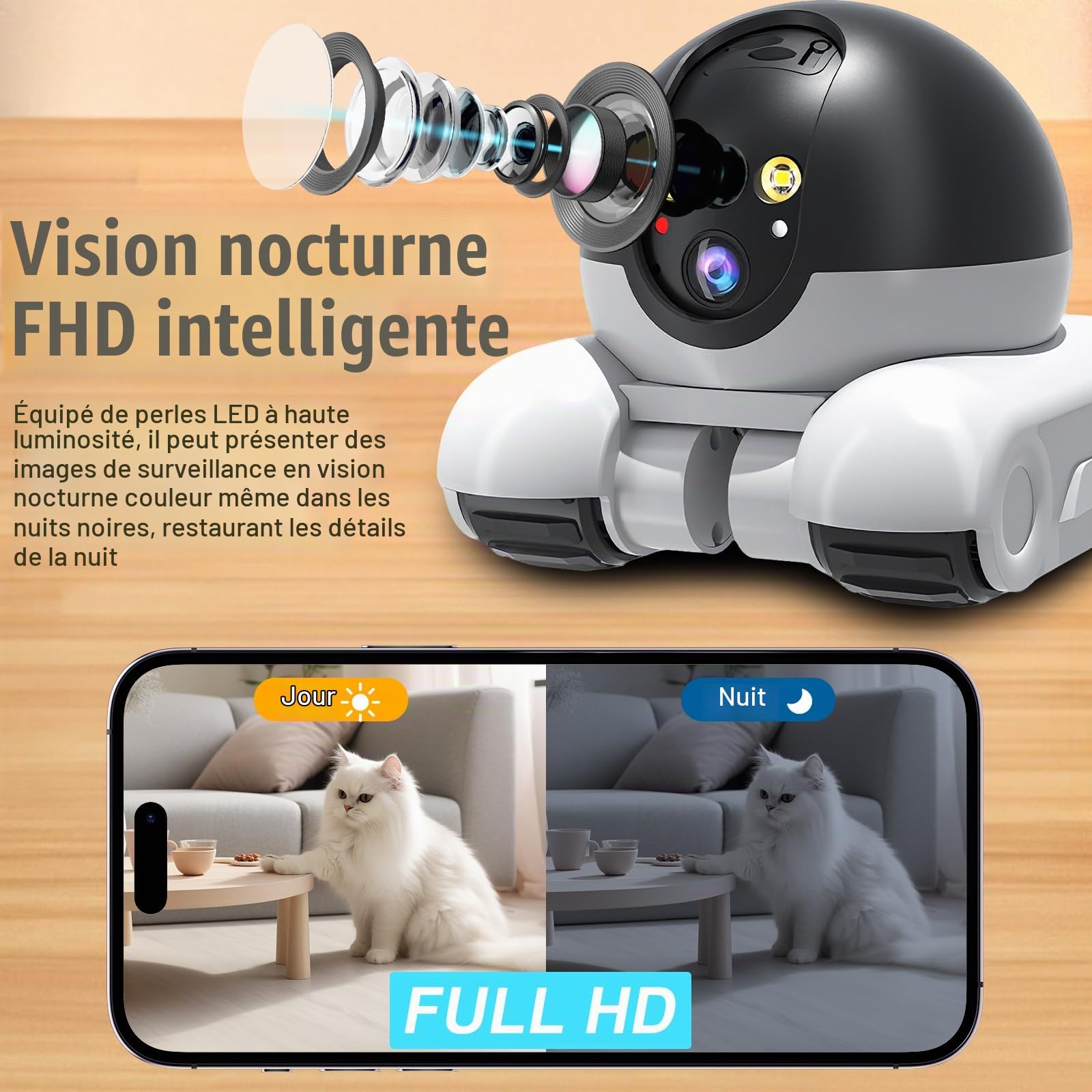 Robot de Caméra, 1080P Double Caméra Robotique, WiFi Mobile Pet Camera avec Croisière Automatique, Audio Bidirectionnel et Vision Nocturne pour Animaux de Compagnie Maison