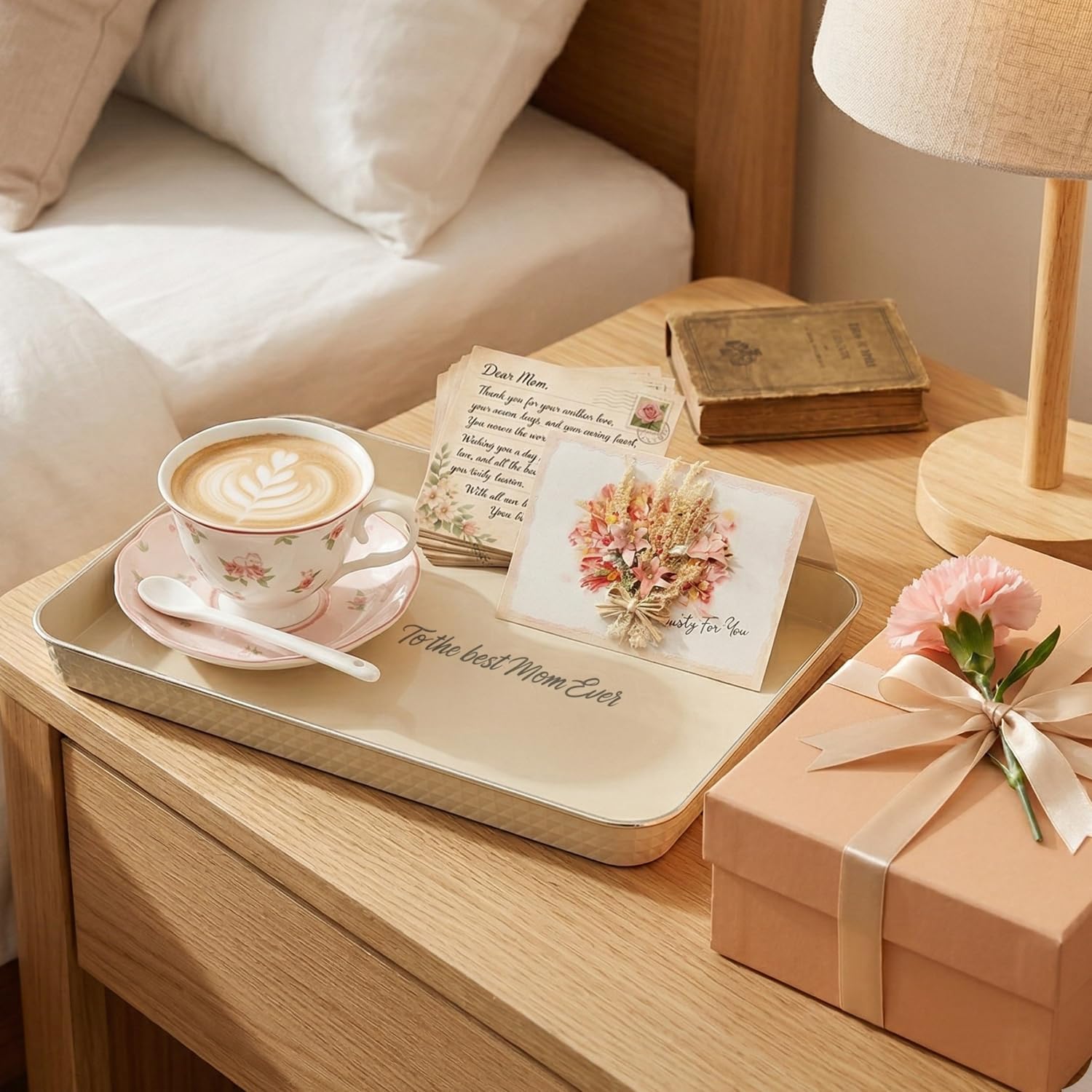 Breakfast in Bed Serving Tray Set with Coffee Cup, Napkins, Food Tray and Greeting Card - 6 Pieces - Party Supplies for Mom - for Morning Moments and Family Bonding Time