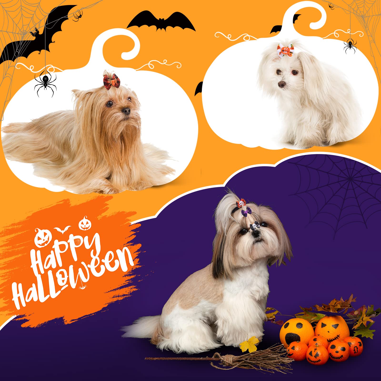 Xuniea 120 Pezzi Fiocchi di Pelo di Cane di Halloween con Elastici Fiocco di Fiori Fiocchi per Capelli di Cane Yorkie Fiocchi di Strass Perle Accessorio per Toelettatura di Cucciolo Piccolo
