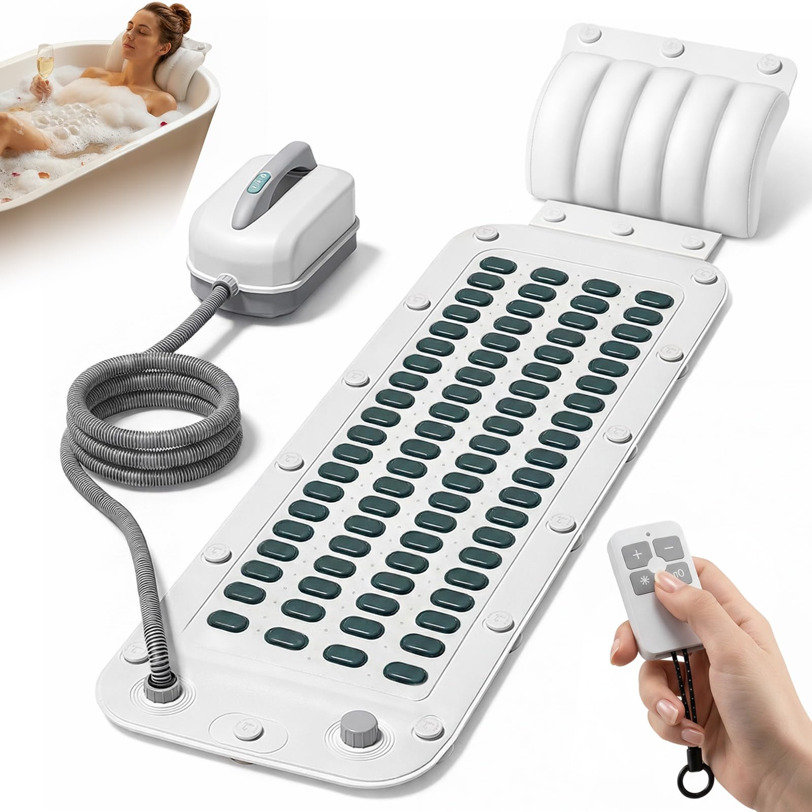 Alfombra Masaje Bano SPA Portatil Banera Control Remoto 6 Niveles Intensidad Tapete Burbujas Aire Ventosas Cojin Inflable Bomba de Aire Integrada Relax