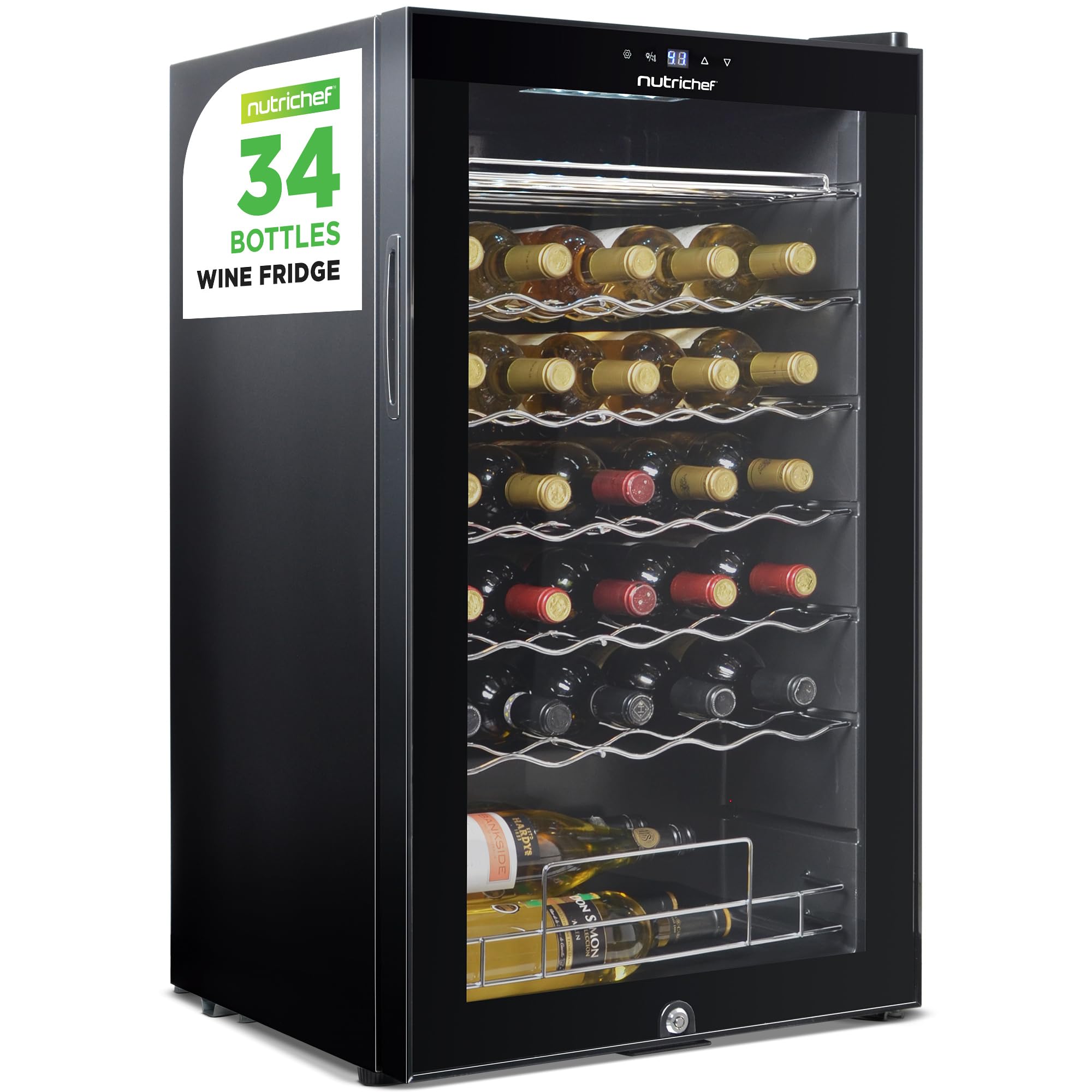 NutriChef 34 Bottle Wine Fridge - Single Zone Beverage Refrigerator with Adjustable Temperature 41°F - 64°F, Ultra Quiet Operation Wine Cooler for Home, Office & Kitchen, Stainless Steel