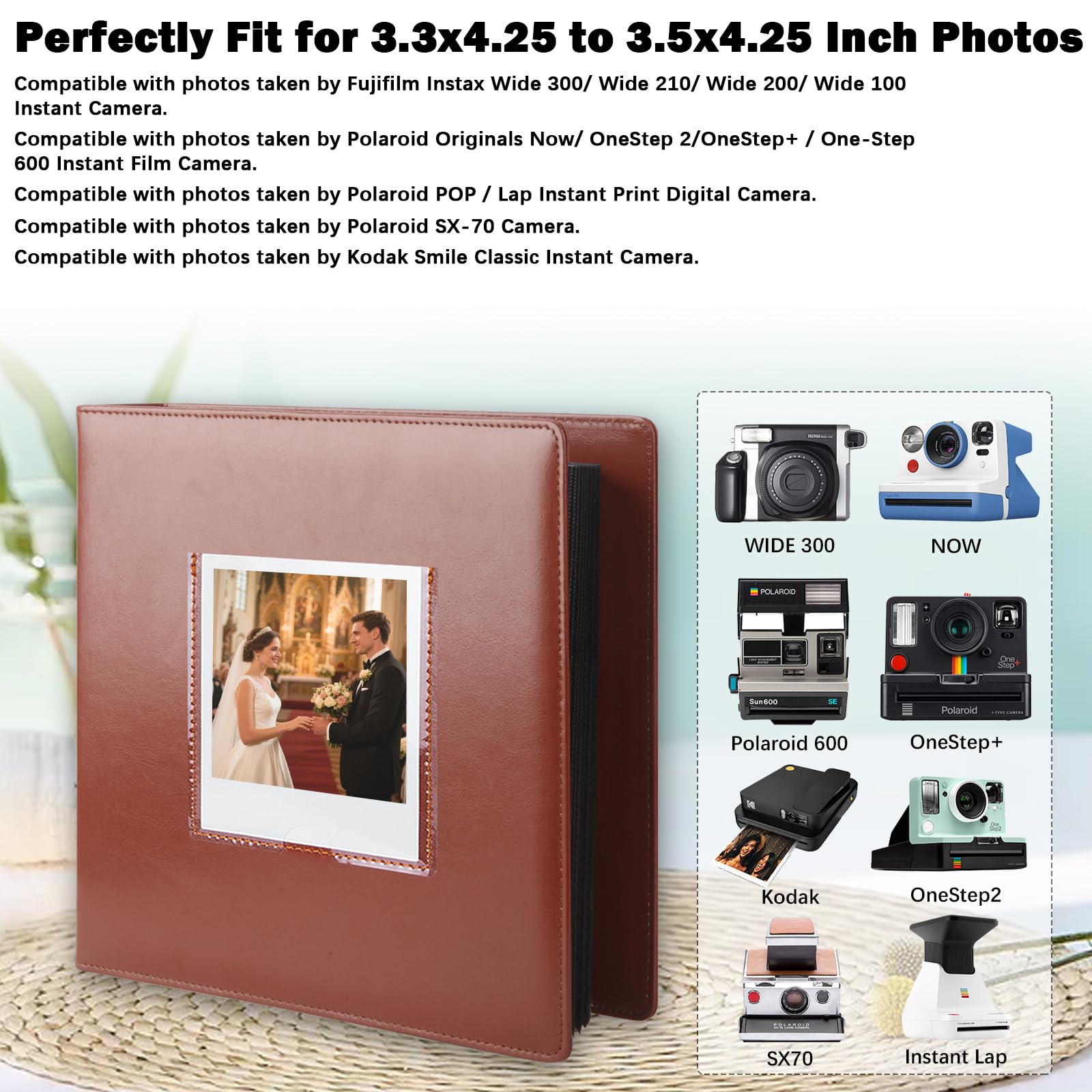 Album fotografico 192 tasche per Fujifilm Instax Wide 300, Polaroid OneStep (Snap Fastener), compatibile con Polaroid POP, Originals 600 fotocamera 3,5 x 4,5 pollici (Vintage Brown)