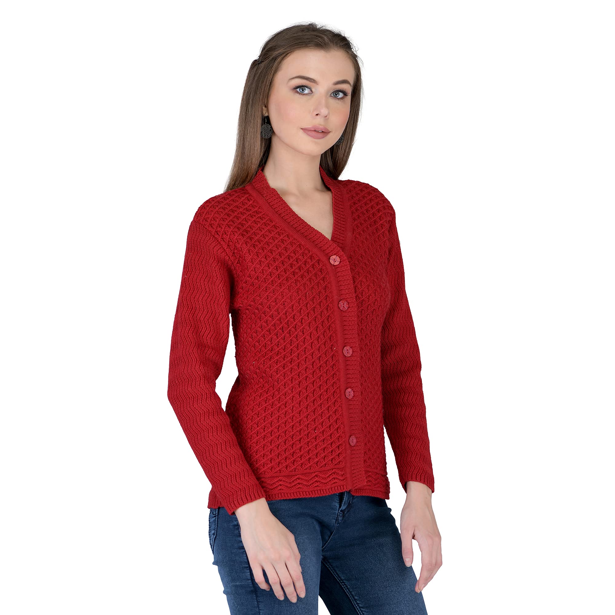 lady willington Women's Woolen V-Neck Self Design Cardigan - Heavy Daffodil Fabric Winter Wear Pure Wool Cardigan for Women - Free Size Long Cotty Fully Warm (2XL, Maroon)-picture-12