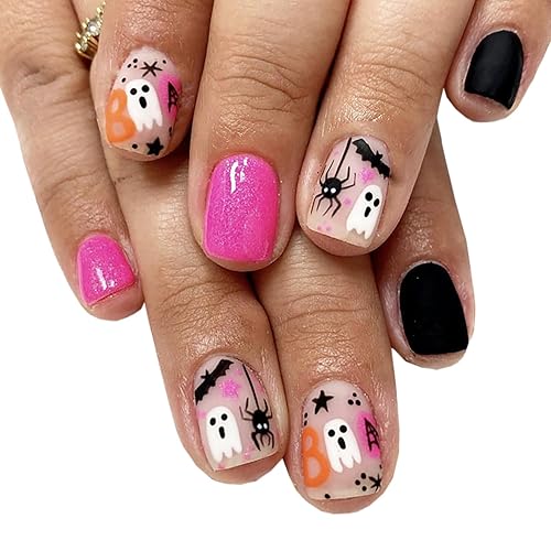 Miniatura 1 de 24 uñas postizas cuadradas cortas de Halloween, con pegamento, diseño de araña, estrella, murciélago, acrílico, cobertura completa, color negro,