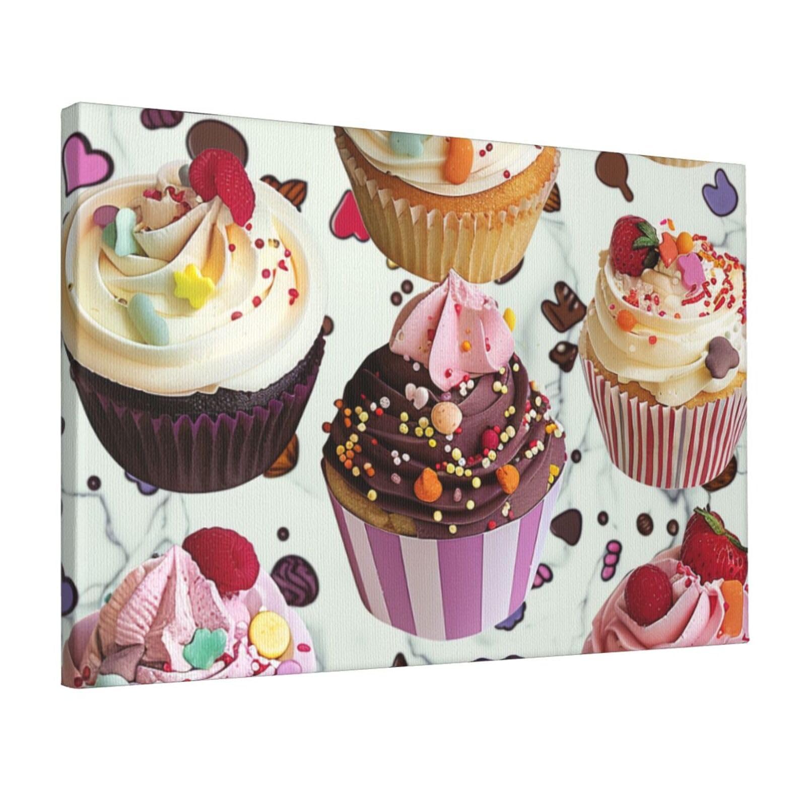 YKLJG Delicious Cupcakes Printed Wall Art Canvas Prints 45x30 CM Wooden Framed Picture Painting Artwork for Bedroom Kitchen Home Office Decor