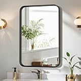Bathroom Mirror 30x22 Inch Black Metal Framed Rounded Rectangle Vanity Mirror for Wall, Over Sink, Farmhouse, Restroom, Anti-Rust, Modern Decorative, Horizontal or Vertical Hanging