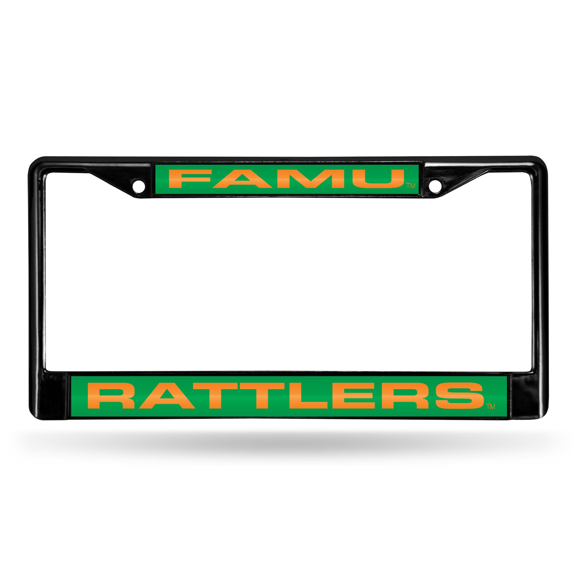 FLORIDA A&M BLACK LASER CHROME FRAME Black Laser chrome license plate frame Acrylic team inserts at top and bottom of frame Decorated in team colors Officially licensed
