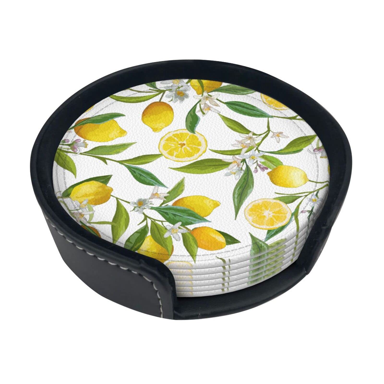 Alteko Yellow Coasters Set Of 6 Lemon Print Leather Coasters For Drinks,Home Décor And Housewarming Gift